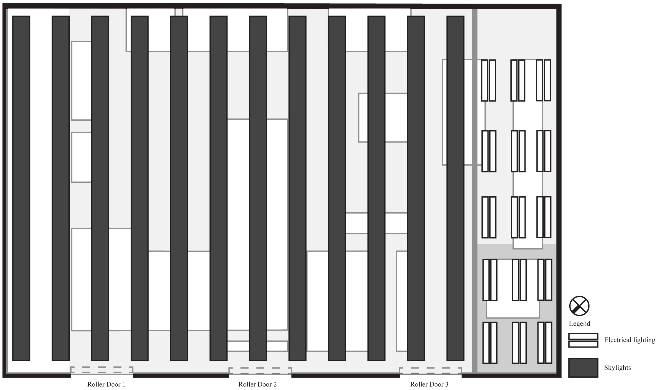 Reflected ceiling plan showing skylights used as part of top lighting strategy. This was the only source for daylight penetration along with the three large roller doors.
