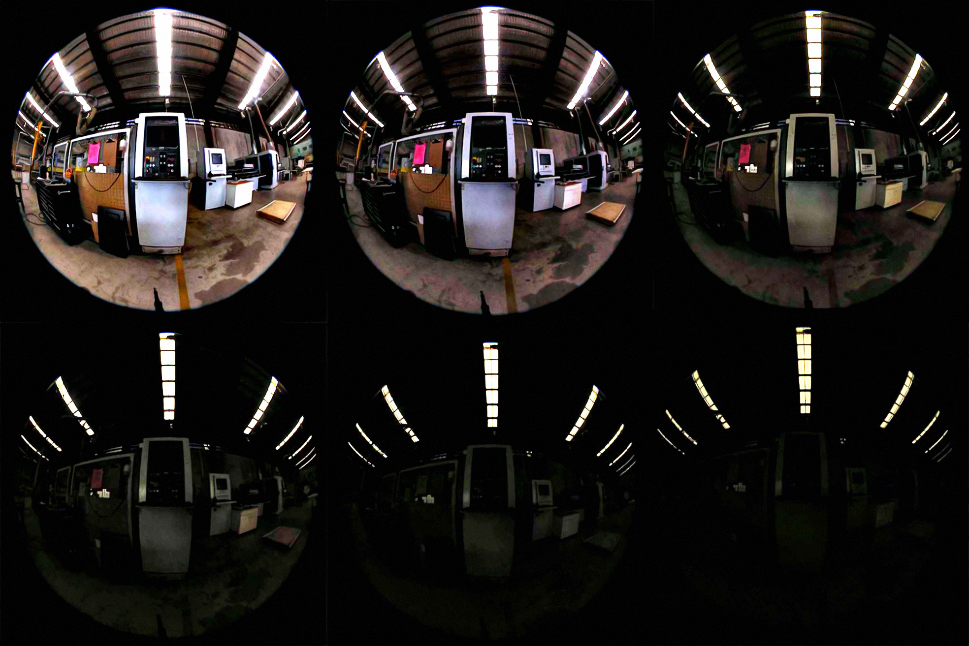 Example of captured workstations at six different exposures: EV100=14, EV100=13, EV100=9, EV100=10, EV100=11, EV100=12, and EV100=13.