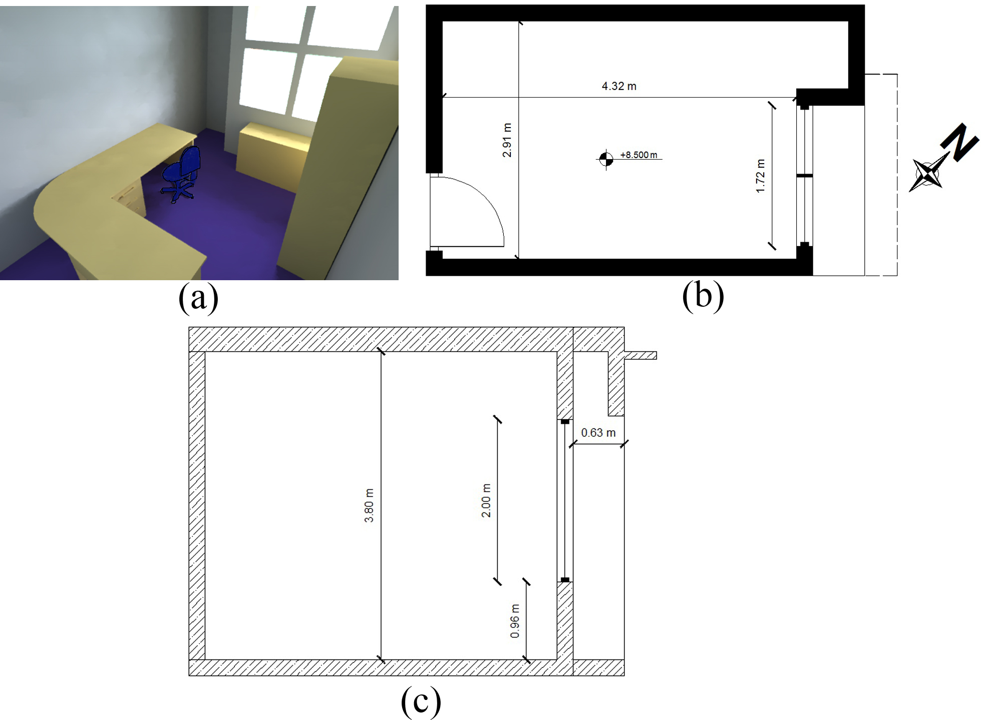(a) Simulated model of the furnished test room by IES-VE-2014, (b) section, and (c) plan of test room configuration.