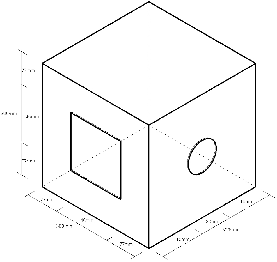 Isometric view of the test stand box with design parameters.