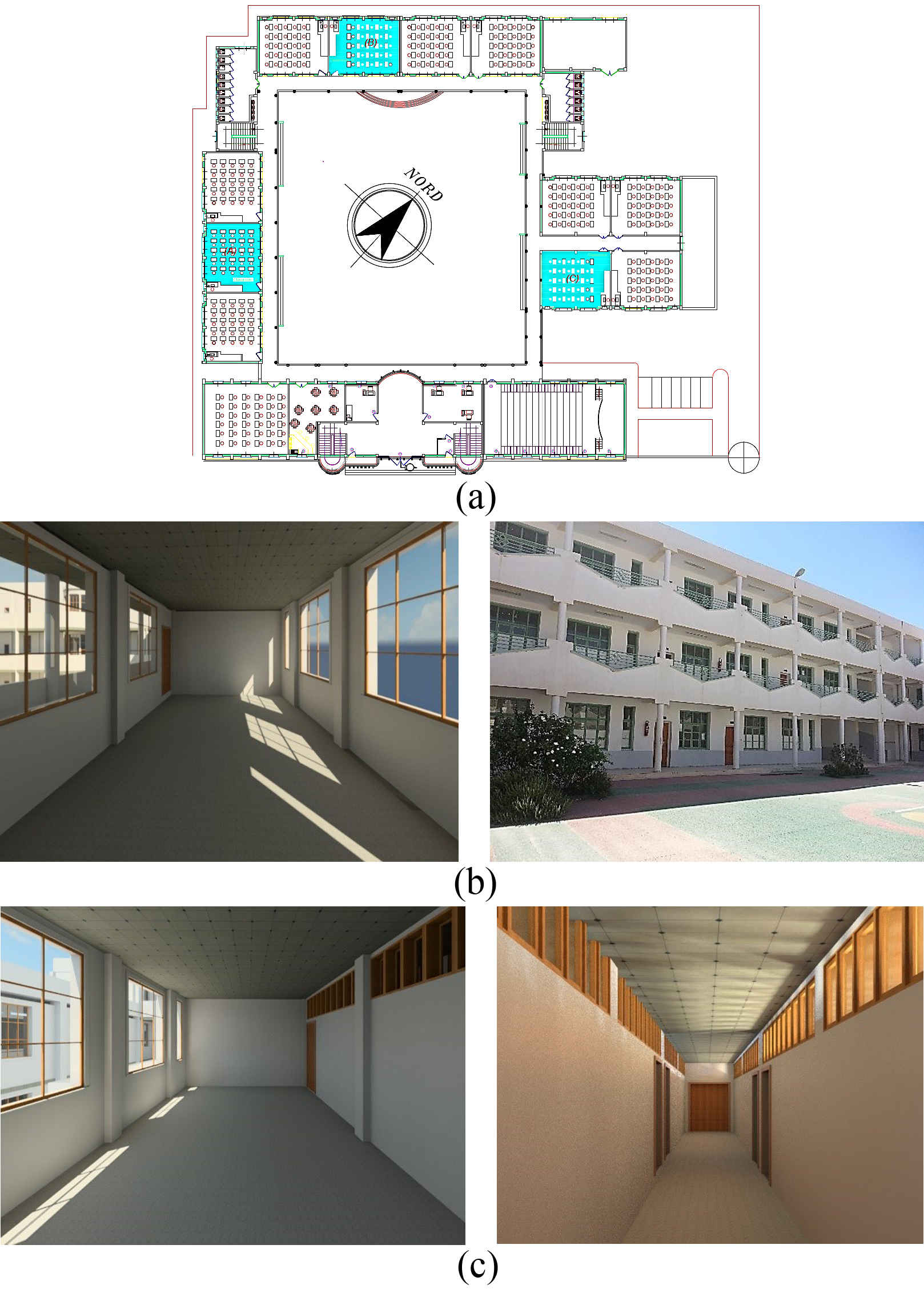 (a) The location and orientations of classrooms tested, (b) bilateral typology with overhang, and (c) clerestory typology without overhang.