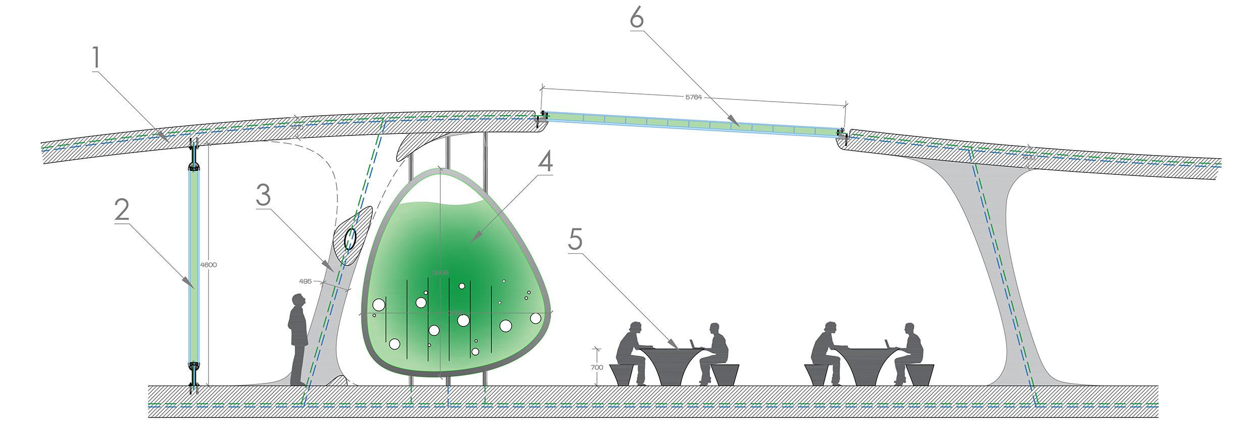 Representative section of the multi-purpose workspace (caption: 1: concrete shell, 2: vertical panel, section, 3: sectioned column, 4: vertical panel, front view, 5: furnishing, and 6: horizontal panel, section).