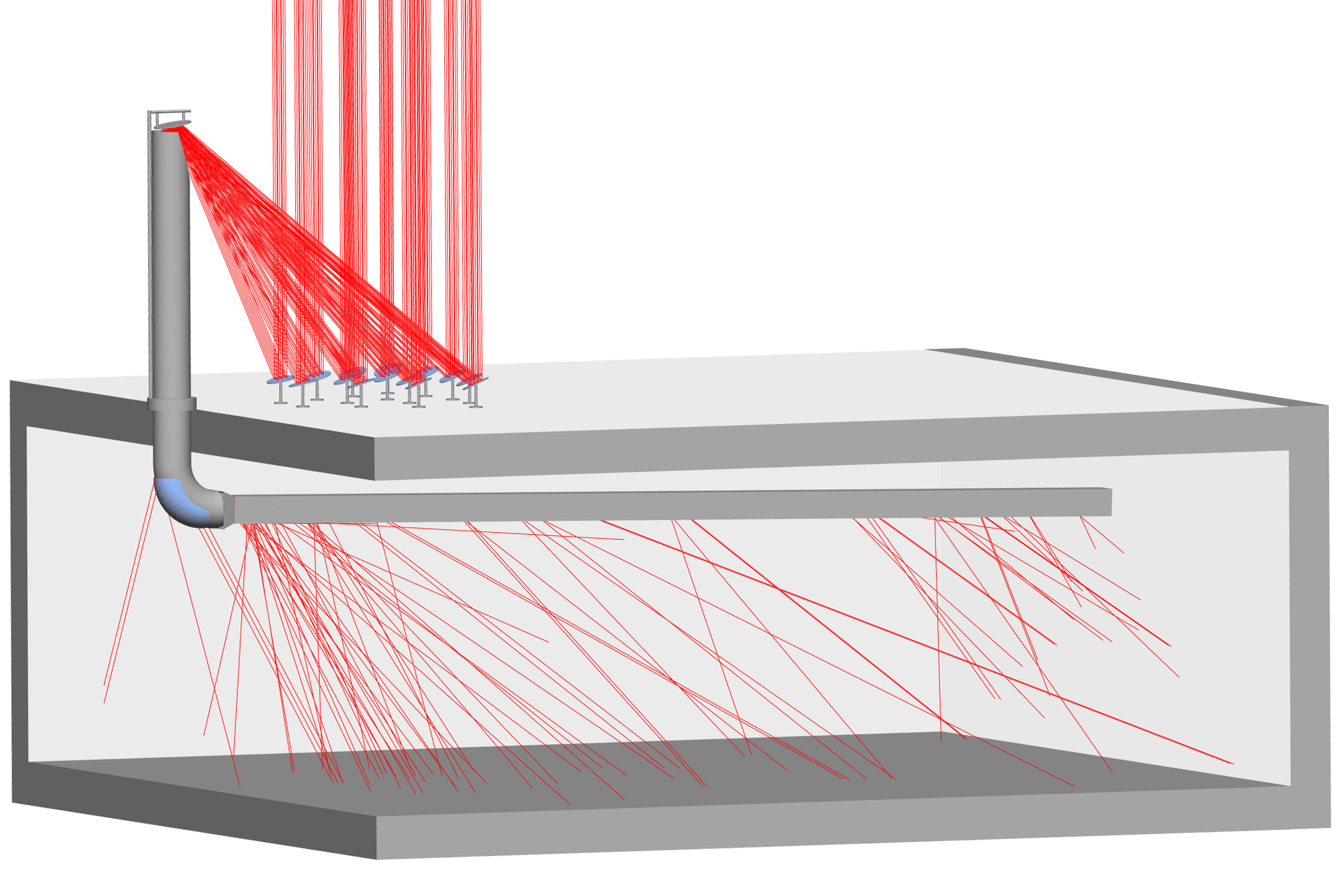 Ray tracing of heliostats design for single story building showing rays distribution in the interior.