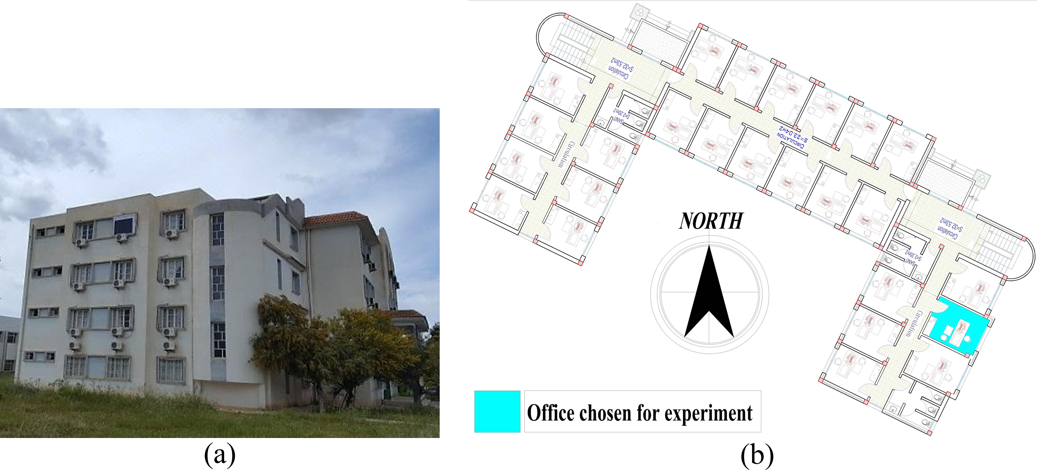 (a) Design concept of office building chosen for experiment Exterior 3D model (b) Typical floor plan.
