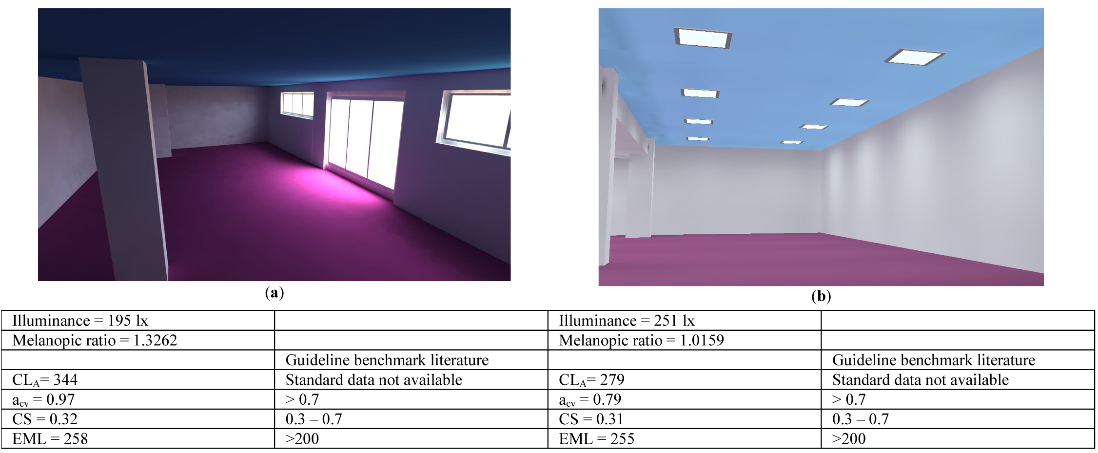Gym room in improvement state: (a) overcast sky conditions and (b) electric light.