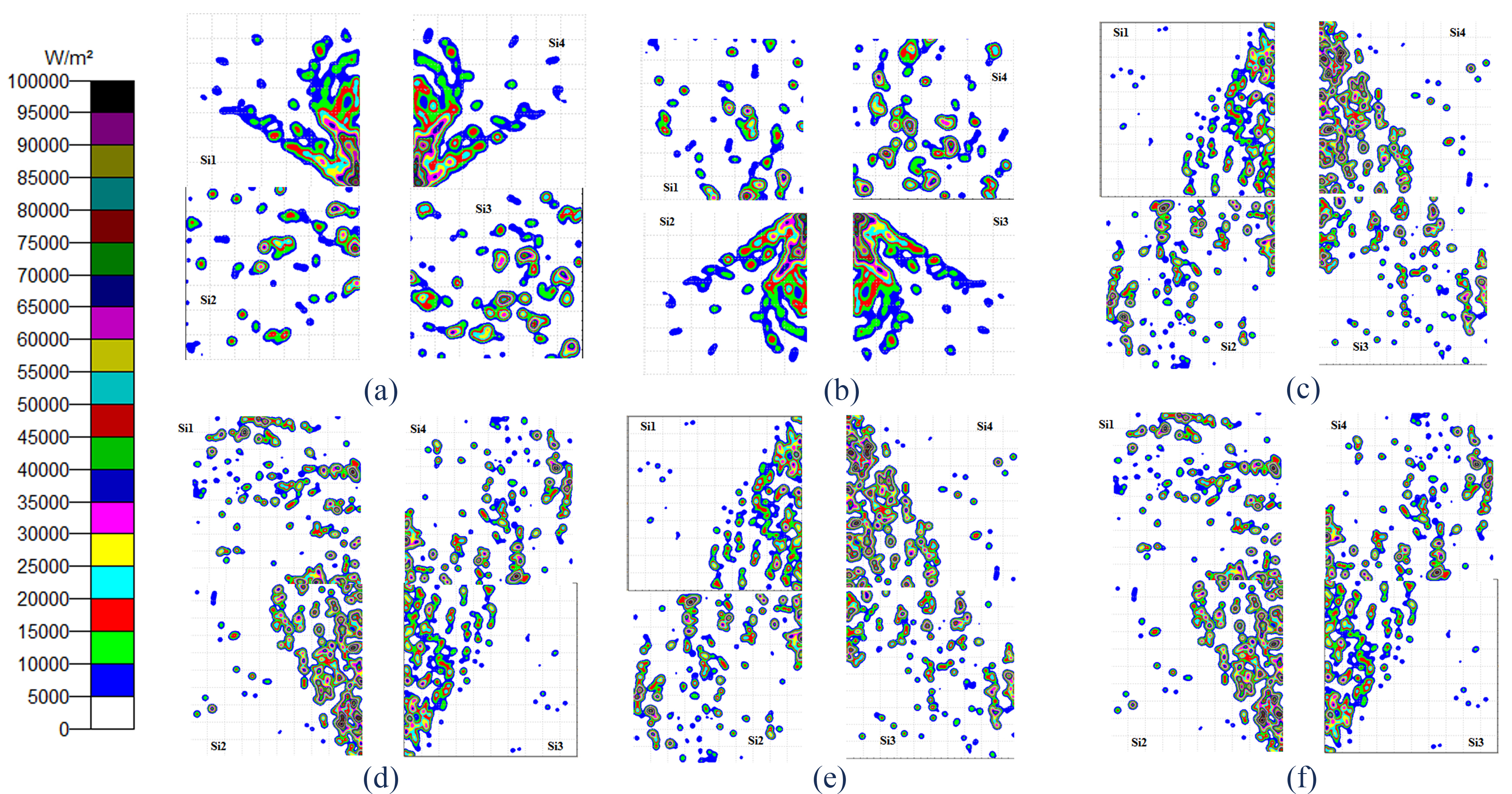 Flux distribution on Si solar cells at incident angle of (a) -20°, (b) 20°, (c) -45°, (d) 45°, (e) -60°, and (f) 60°.
