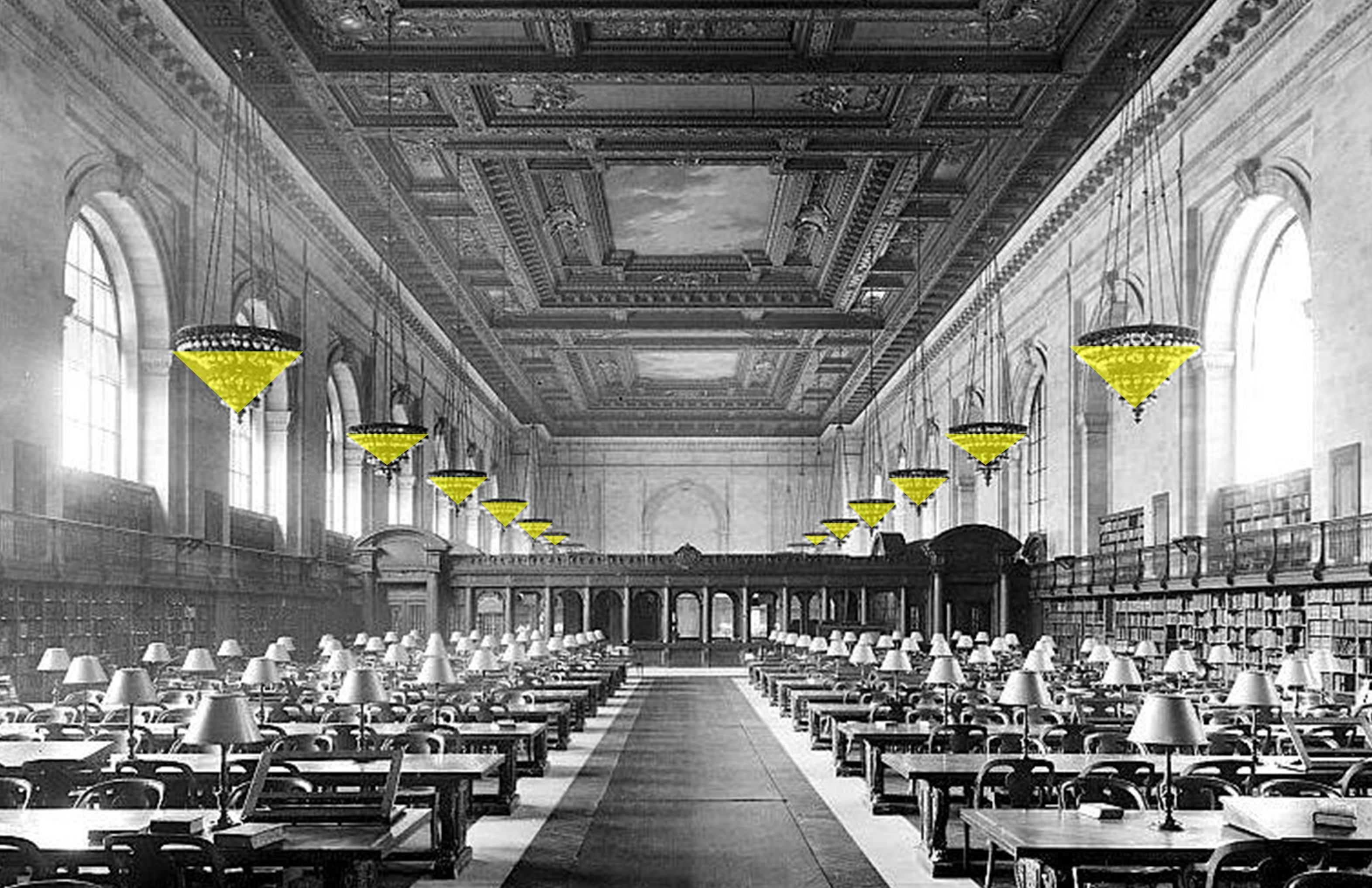 Illustration of two parallel arrays of luminaires (highlighted in yellow) with a periodic pattern. (adapted from public domain image: Main Reading Room of the New York City Public Library on 5th Avenue, ca. 1910–1920).
