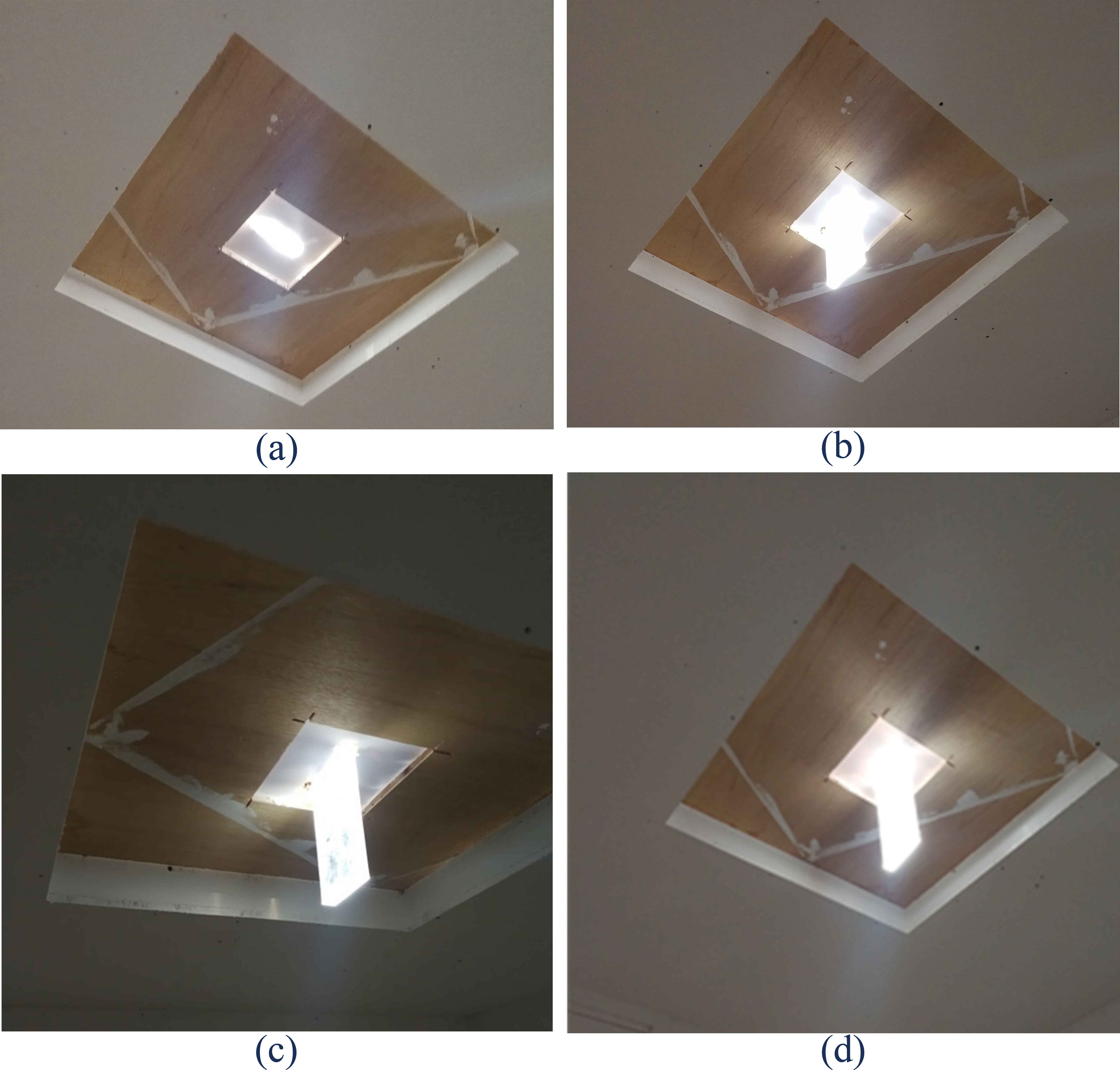 Stage two/ length of acrylic glass panel/ diffuser experiment configurations: (a) 0 cm, (b) 10cm, (c) 20 cm, and (d) 30 cm.