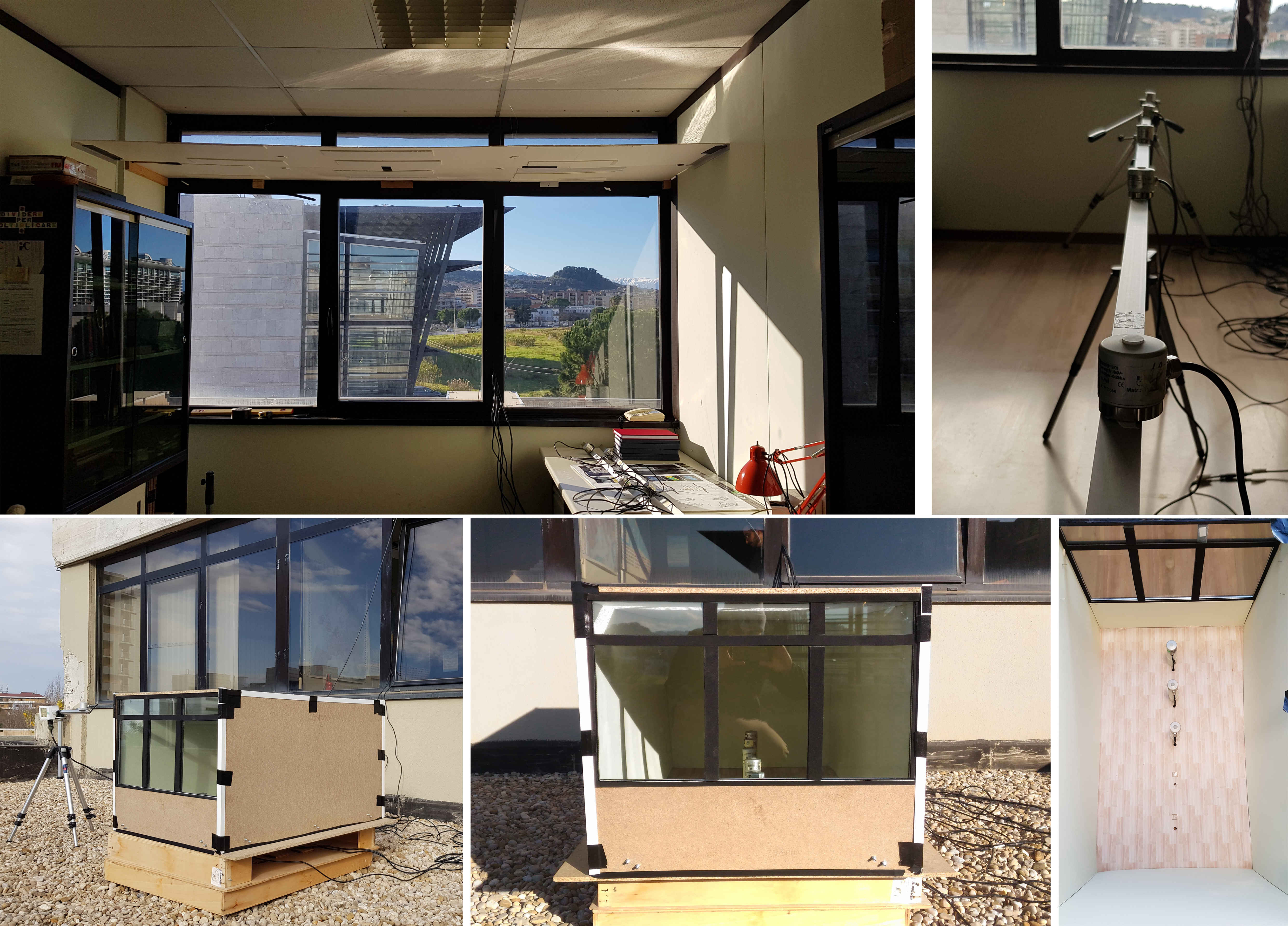 Photos of the real scale room and the scale model during the tests.