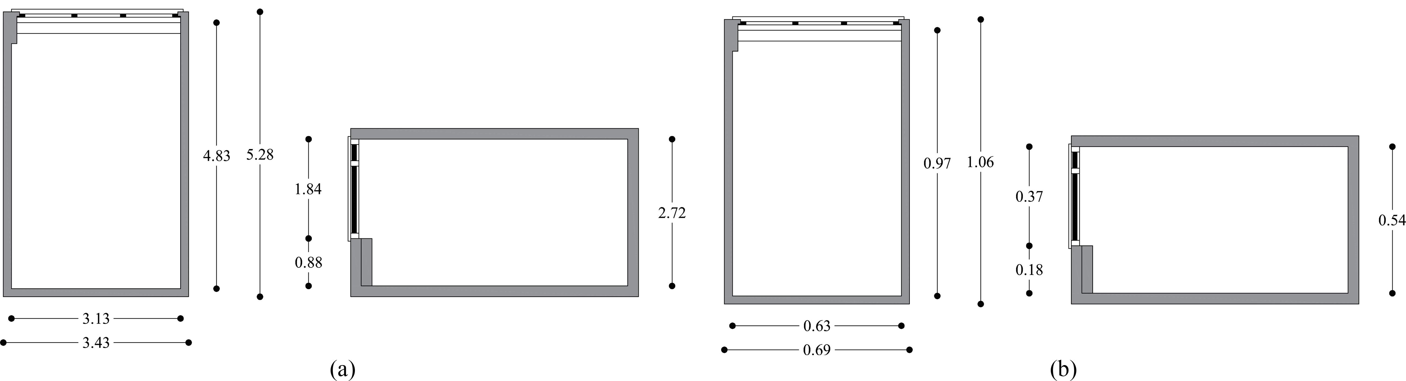 (a) Plan and vertical section of the room and (b) the scale model (all the dimensions are in m).