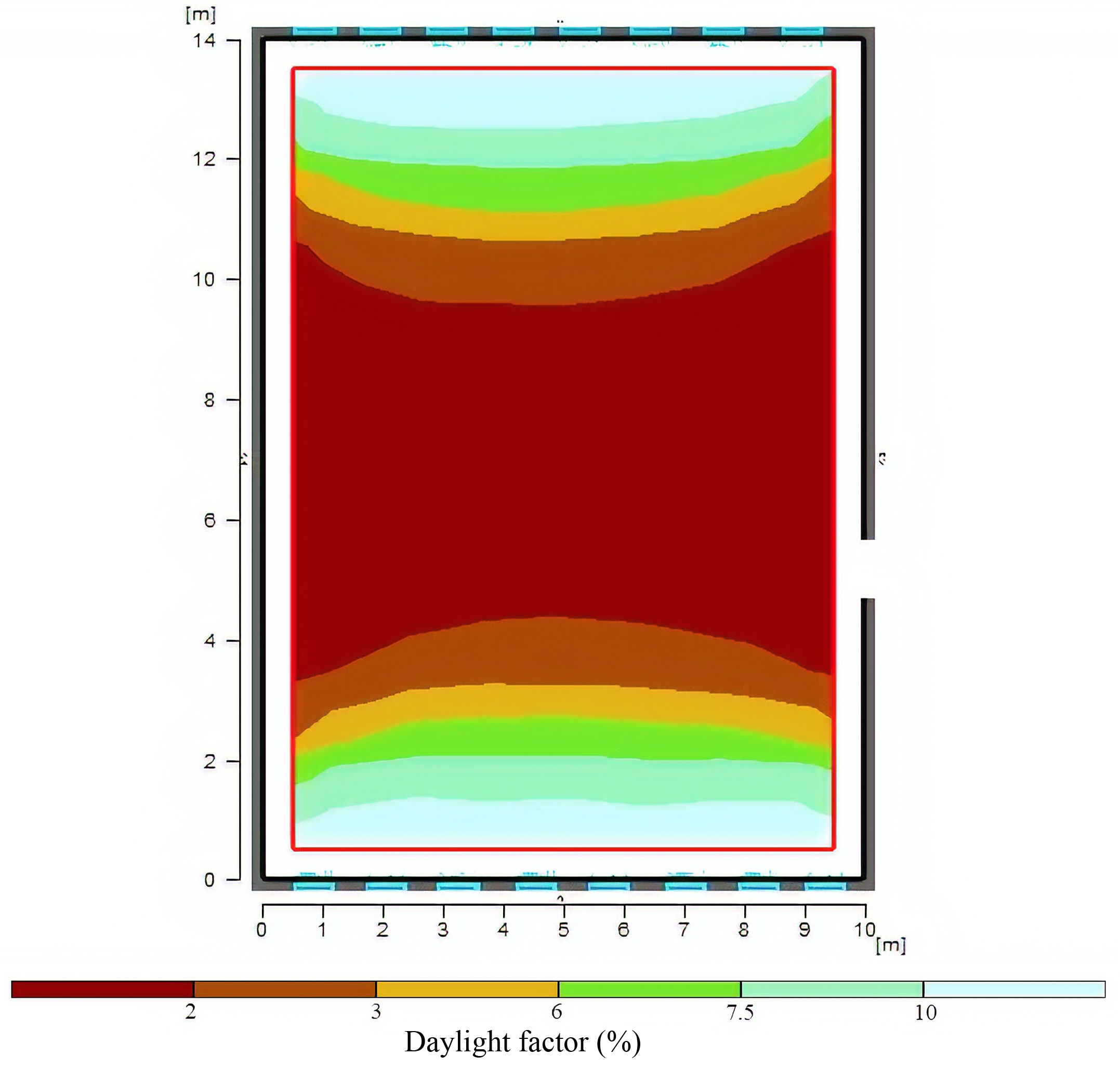 Illustrating daylight factor distribution for the selected option (scenario 8) of dimensions of the window.