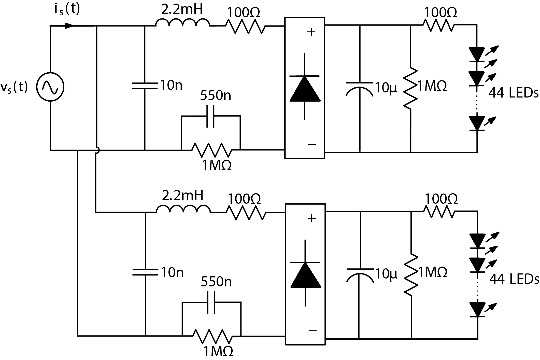Schematic block diagram of a commercial tubular LED lamp.
