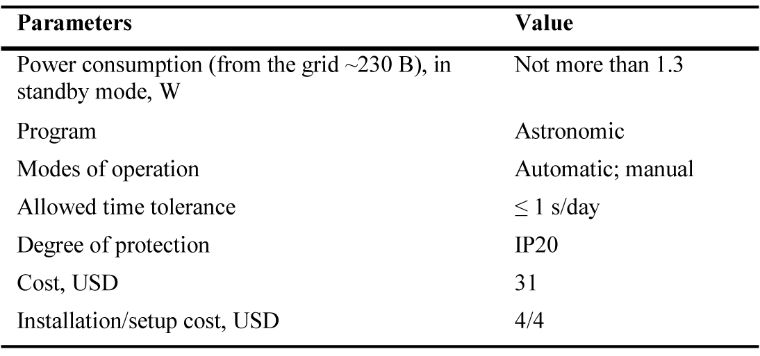 Specifications of the astronomical time relay REV-225.