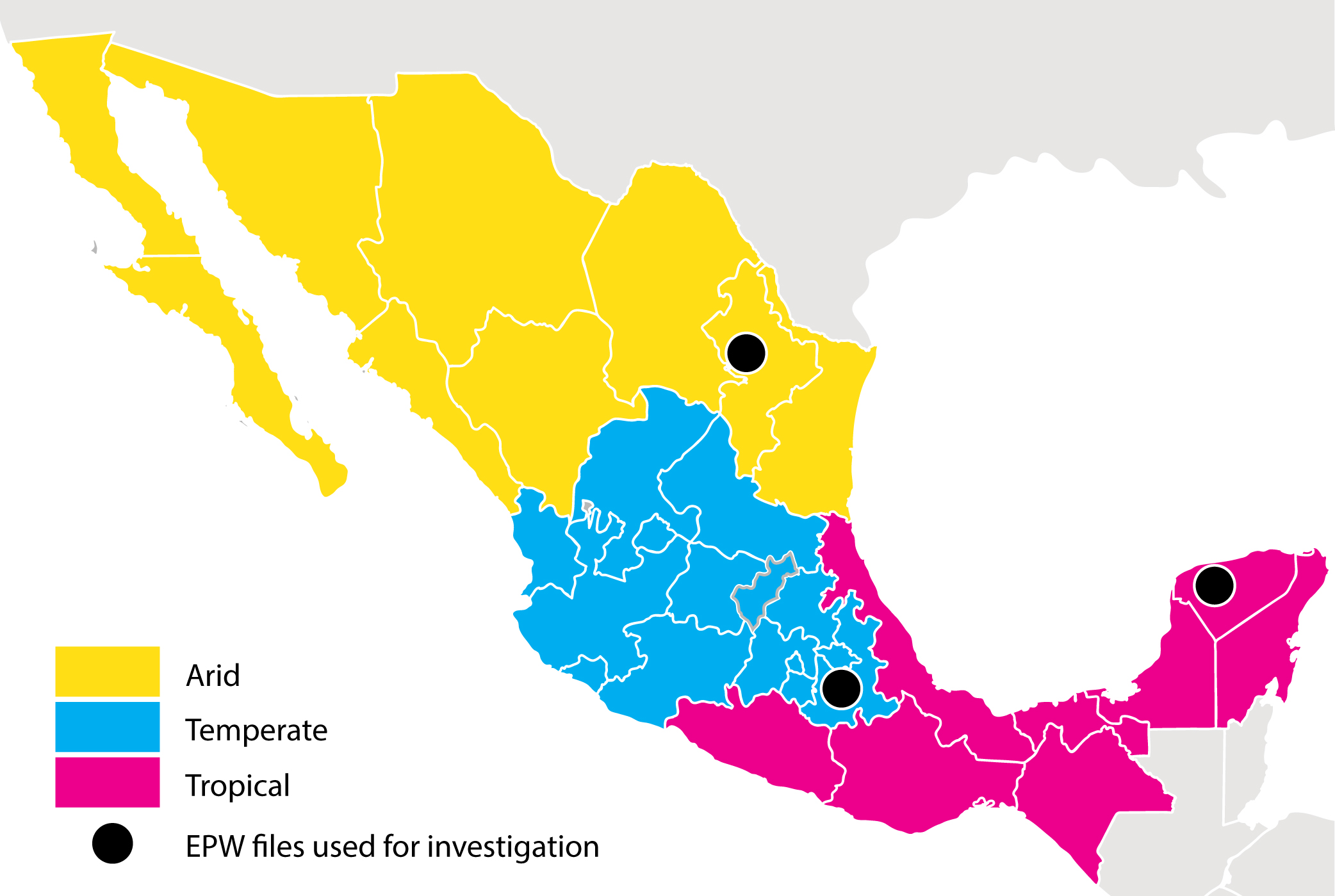 Division of climatic regions in Mexico, based on information from INEGI https://www.inegi.org.mx/temas/climatologia/ and http://atlasclimatico.unam.mx/atlas/kml/.
