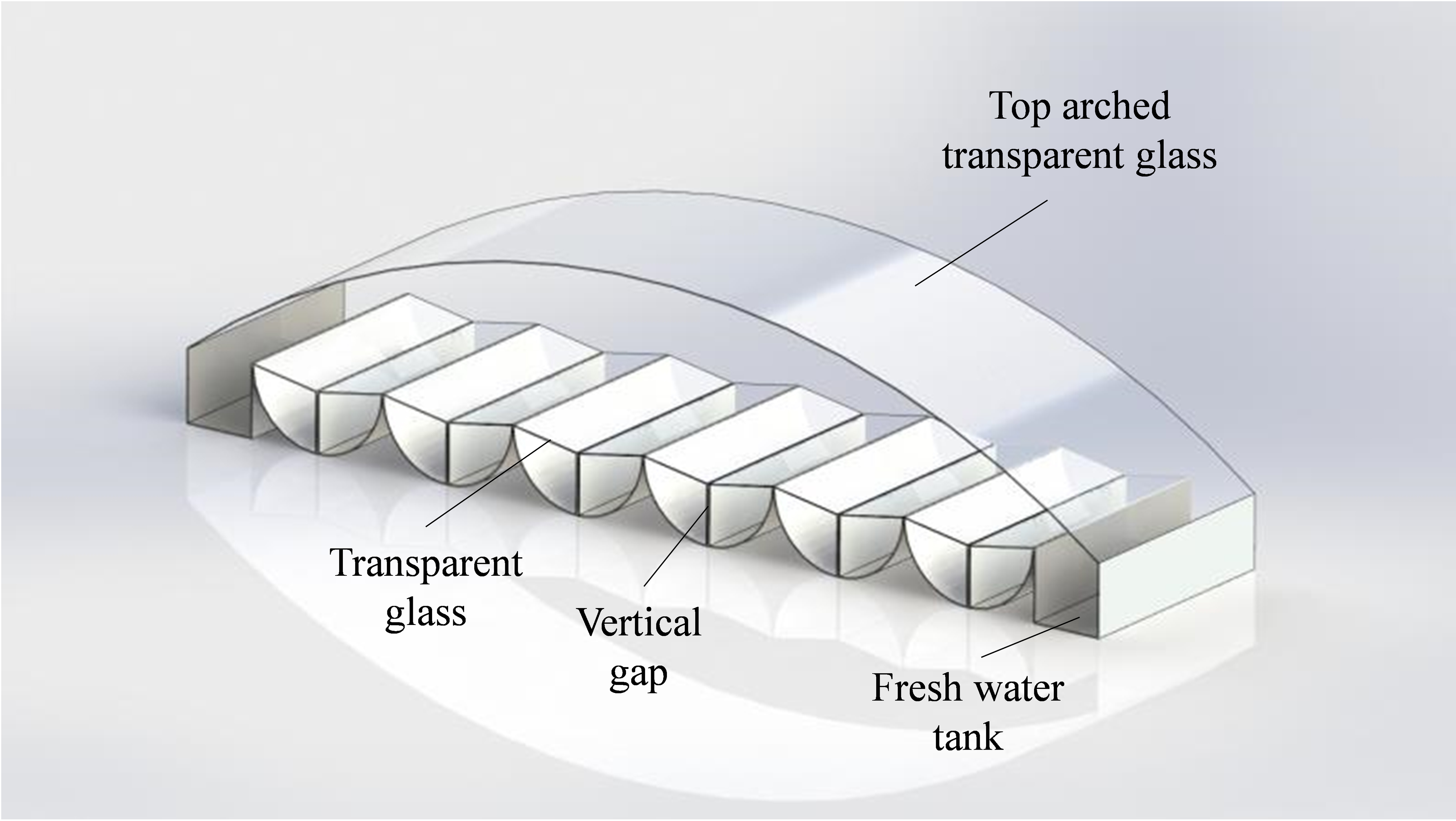 The structure of the solar distiller with cylindrical surface concentrator and vertical gap evaporator.