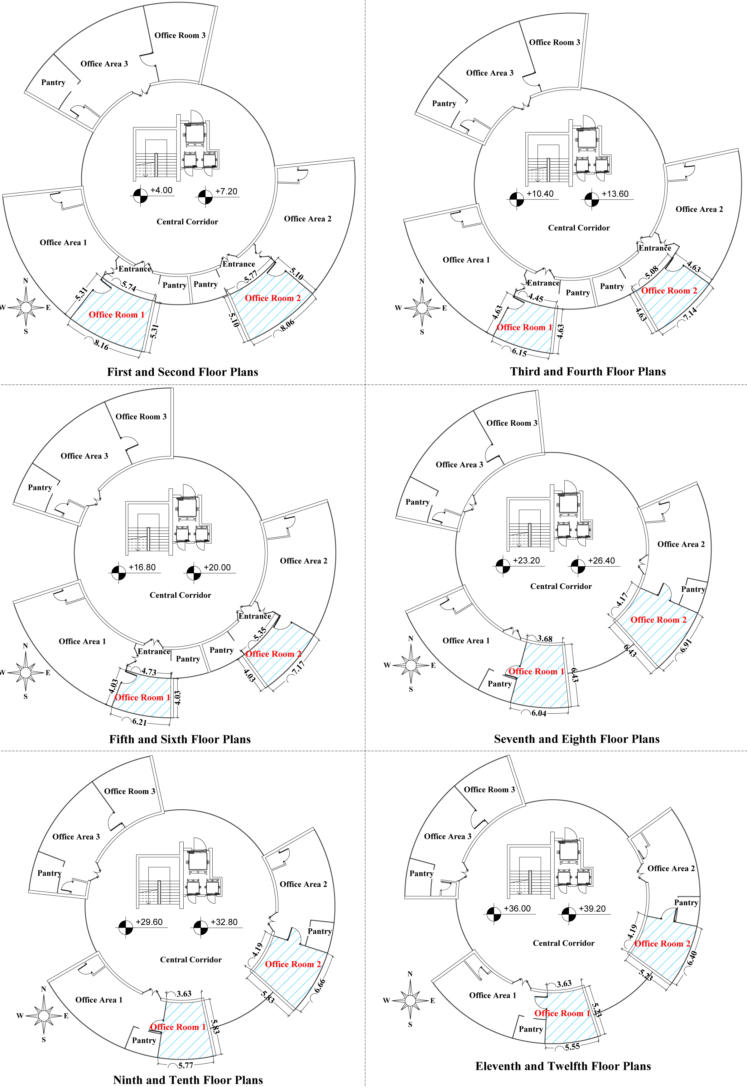 Architectural plans, dimensions and orientations of office rooms.