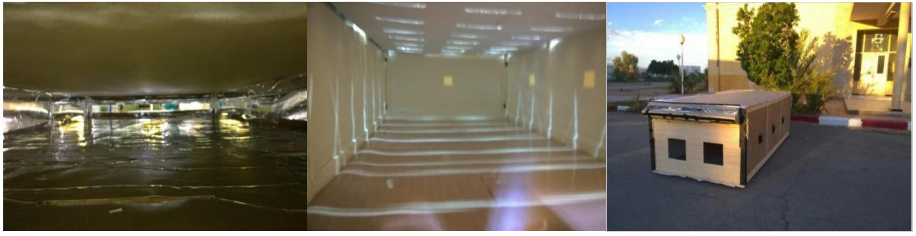The 1:4 scale model to test AIC system: (a) Interior view of the light pipe, (b) light duct performance, and (c) physical model.