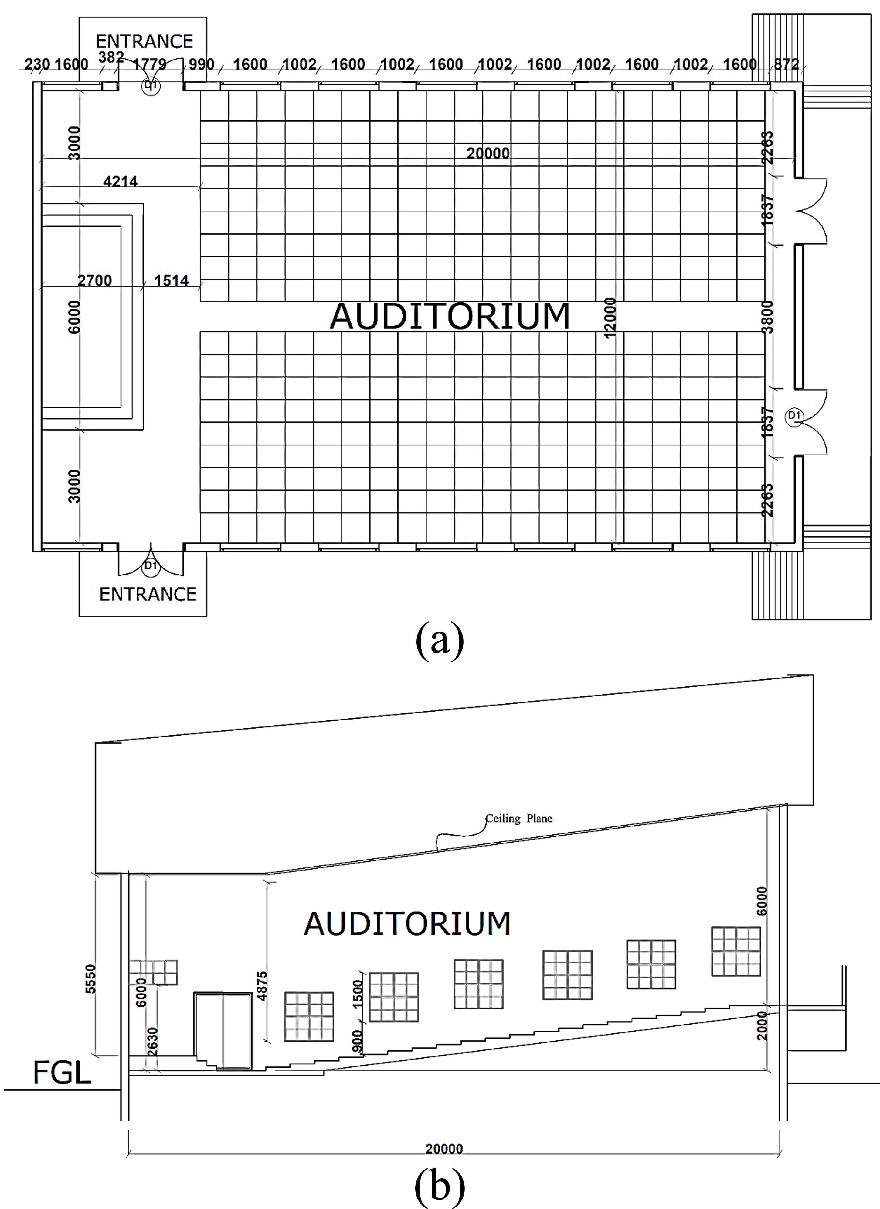 Lecture theatre; (a) plan and (b) longitudinal section.