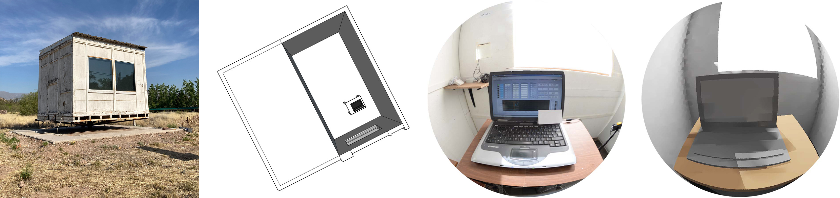 Facade, floor plan and visualization of the real and Radiance simulated environment of the Lighting Research Laboratory - CONICET CCT Mendoza.