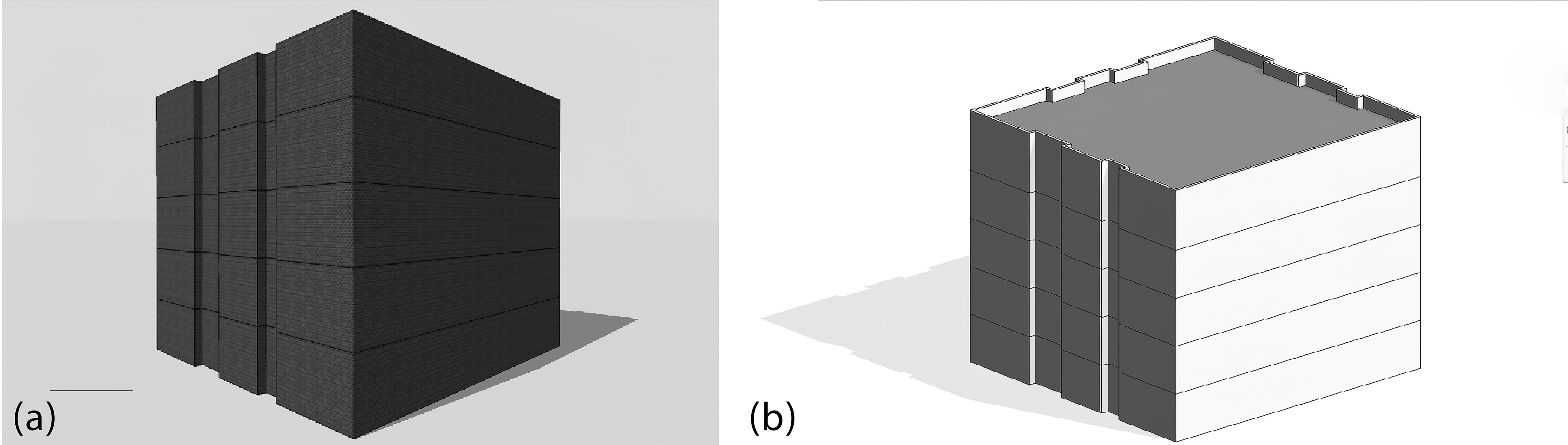 (a) The developed EnergyPlus energy-simulation model of the residential building by using DesignBuilder and (b) Geometric BIM model of the residential building by using Revit.