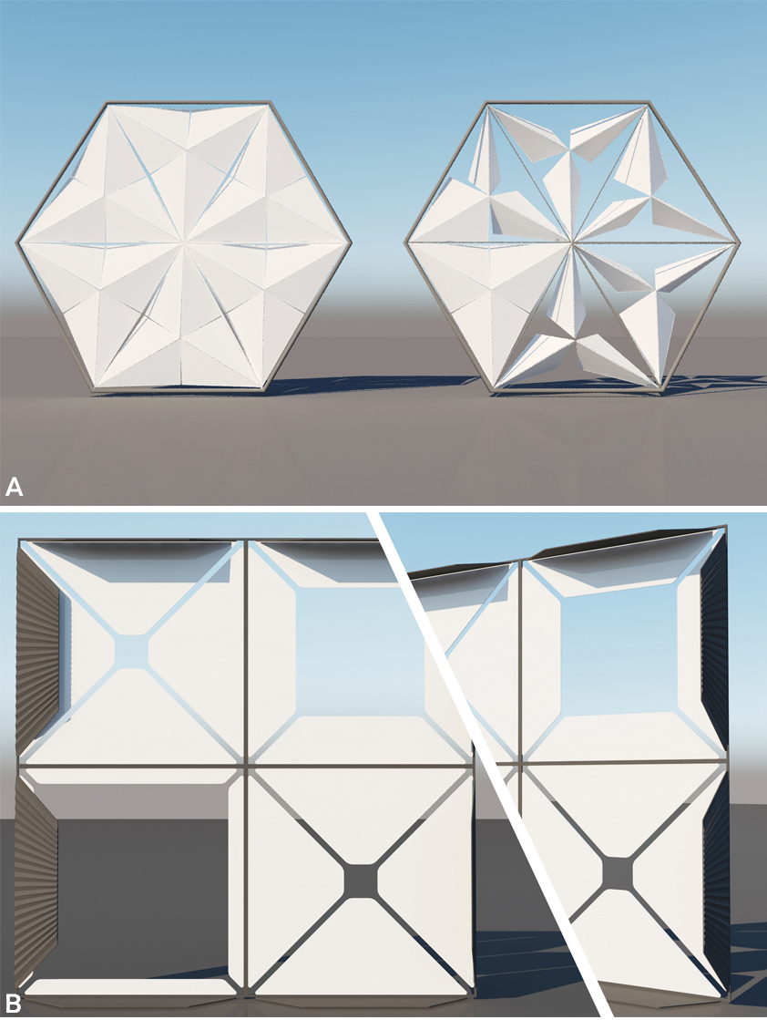 (a) Al Bahr Towers kinetic- Hexagonal components and (b) Helio Trace Centre of Architecture kinetic diagonal movements.