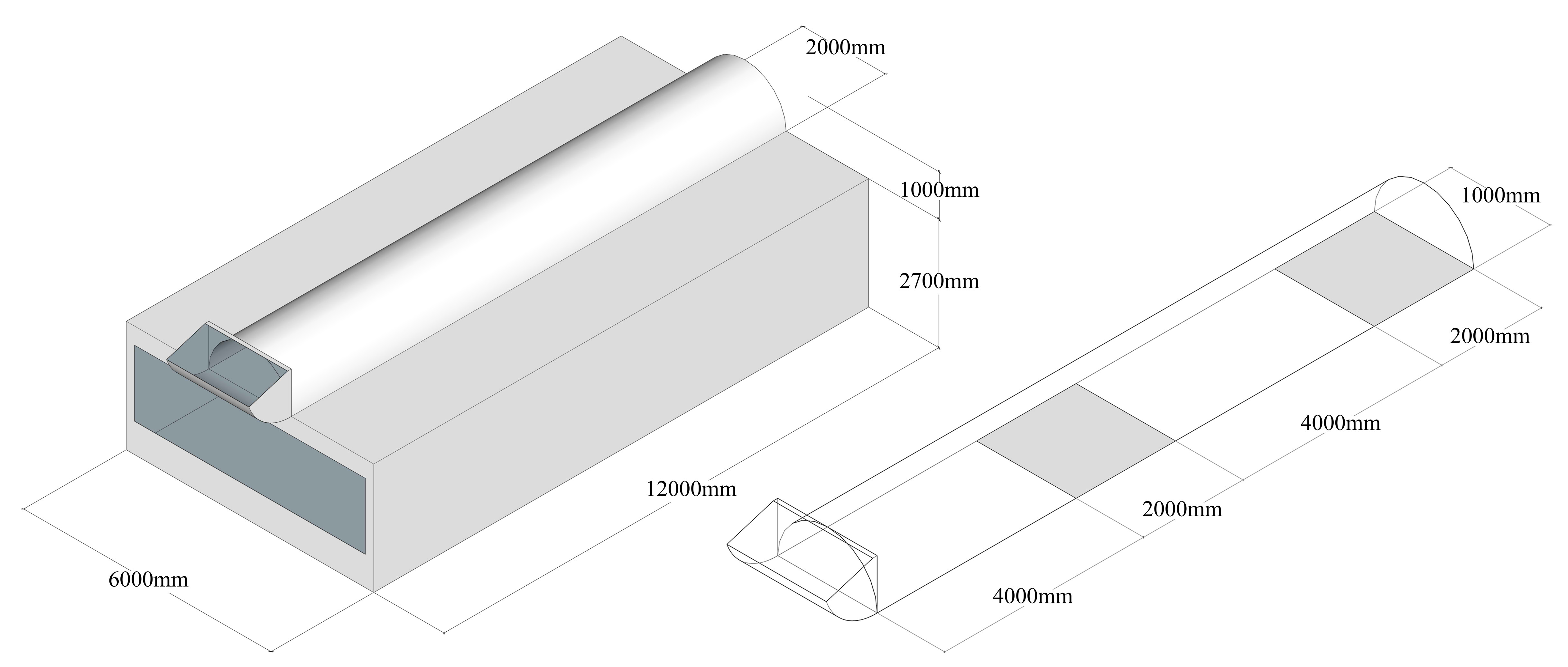 Model of simulation room with semi-circle LP with two openings as base case configuration.